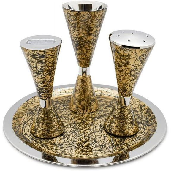 Elegant End of Shabbat Havdalah Set Contemporary Style Nickel Plated Gold Decal - Modern Shape Kiddush Cup Goblet, Tray, Havdulah Candle Holder, Besamim Spice Box Shabbos Decoration By Zion Judaica