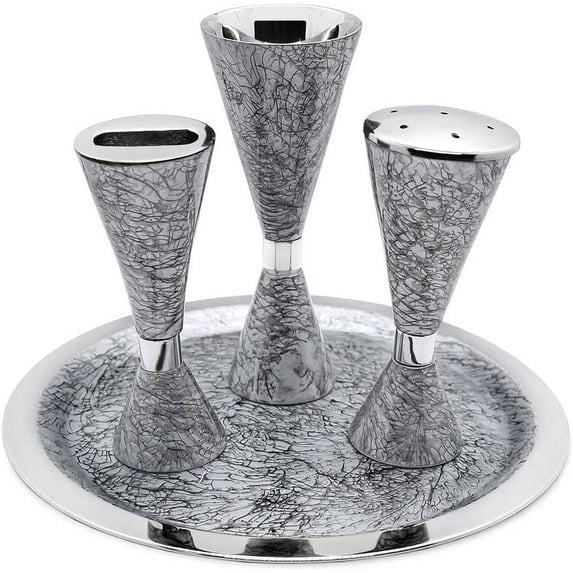 Elegant End of Shabbat Havdalah Set Contemporary Style Nickel Plated Silver Decal - Modern Shape Kiddush Cup Goblet, Tray, Havdulah Candle Holder, Besamim Spice Box Shabbos Decoration By Zion Judaica