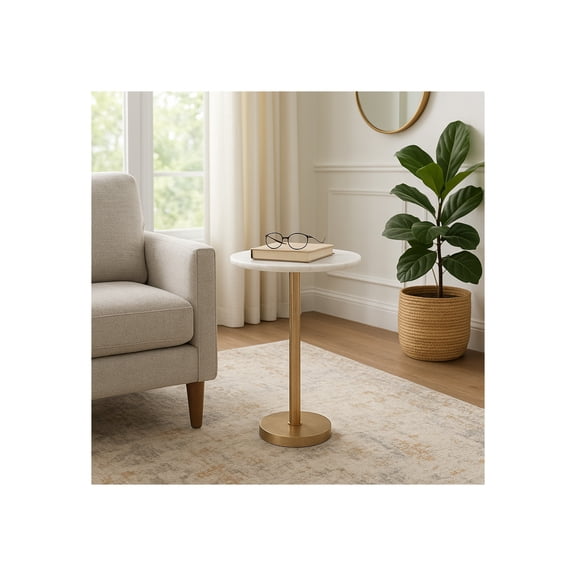Elegant End Table, Side Table, or Small Night Stand for Room Decor - Hammered Metal Bedside Table with Polished Marble Top for Small Spaces - Perfect for Bedroom or Living Room - 25" White & Gold