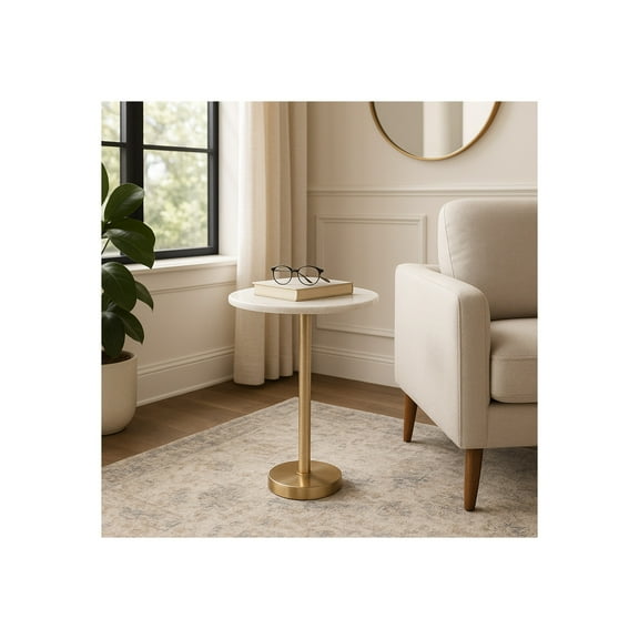 Elegant End Table, Side Table, or Small Night Stand for Room Decor - Bold Hammered Metal Bedside Table with Polished Marble Top for Small Spaces - Perfect for Bedroom or Living Room - 25" White & Gold