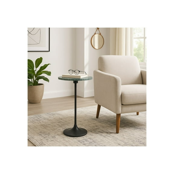 Elegant End Table, Side Table, or Small Night Stand for Room Decor - Slim Metal Drink Table with Marble Top and Trumpet Base for Bedroom or Living Room - Ideal for Small Spaces - 27" Green & Black
