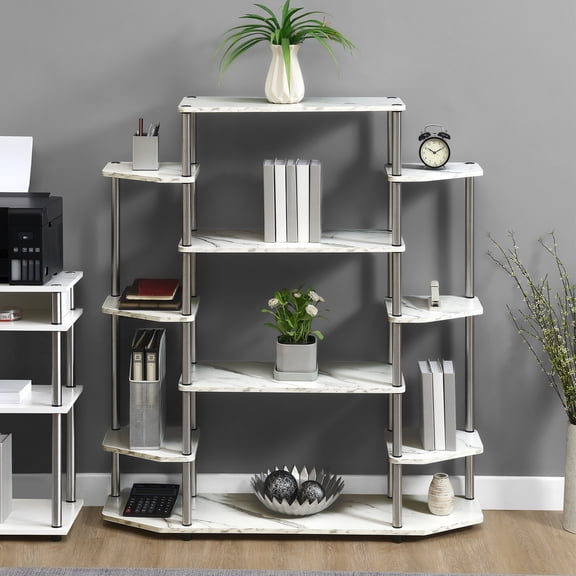 Elegant Escape Bookshelf, 47.25-In x11.5-In x52.5-In , 10-Tier Shelving, Faux Marble Finish, Stainless-Steel Legs, Modern & Spacious Storage for Home or Office