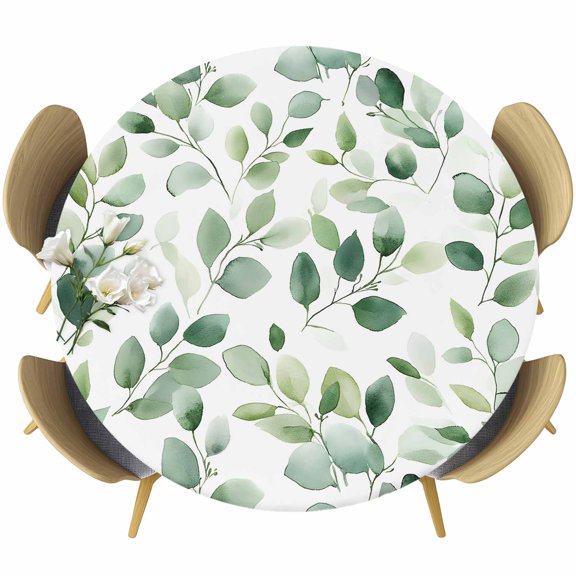 Elegant Eucalyptus Round Tablecloth 36-44 Inch Round Fitted Table Cloth with Elastic Edge, Monochrome Leaves Chic Botanical Waterproof Table Cover Protector for Outdoor Picnic Party Dining