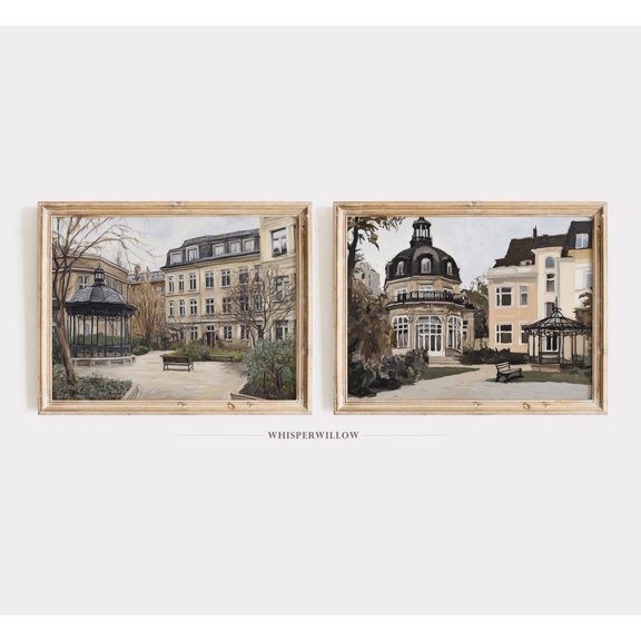 Elegant European Architecture Park Scene of Two 2, Historic Serene, Vintage City Wall Decor Poster Printed Poster, Poster Only