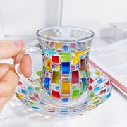 Elegant European Style Plaid Glass Coffee and Tea Cup Set with Saucer - Sophisticated Drinkware for Home and Cafes