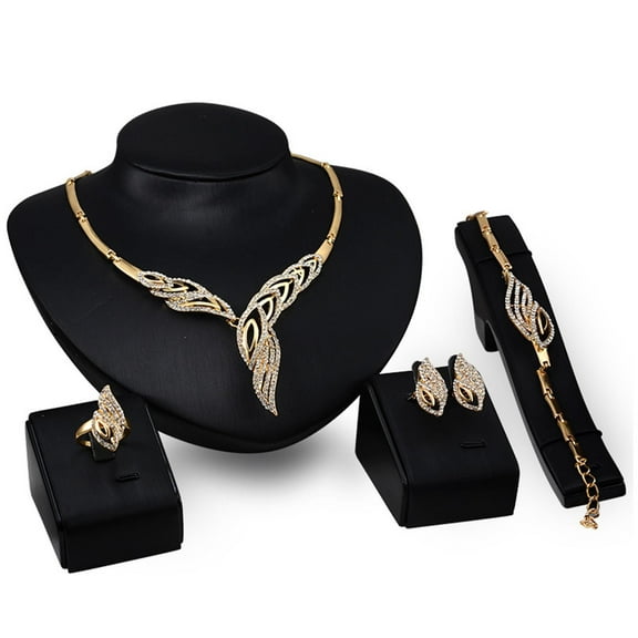 Elegant European Winged K Gold Jewelry Set for Women Necklace Earrings Bracelet Formal Party Dress Accessories
