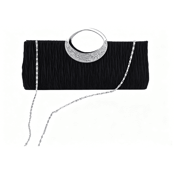Elegant Evening Clutch Bag, Rhinestone Embellished Wrinkled Fabric Purse, Detachable Chain Strap, Formal Party Wedding Cocktail Handbag(Black)