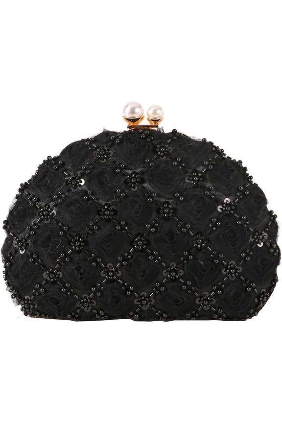 Elegant Evening Clutch for Women with Sequins, Artificial Pearls, Featuring a Pearl-Embellished Handle