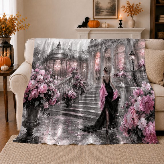 Elegant Evening Staircase Palace Romance, Cozy Botanical Garden Scene, Warm Flannel Blanket for Sunroom and Reading Nook, Garden Lovers Valentine's Day Gift, Botanical Home Decor