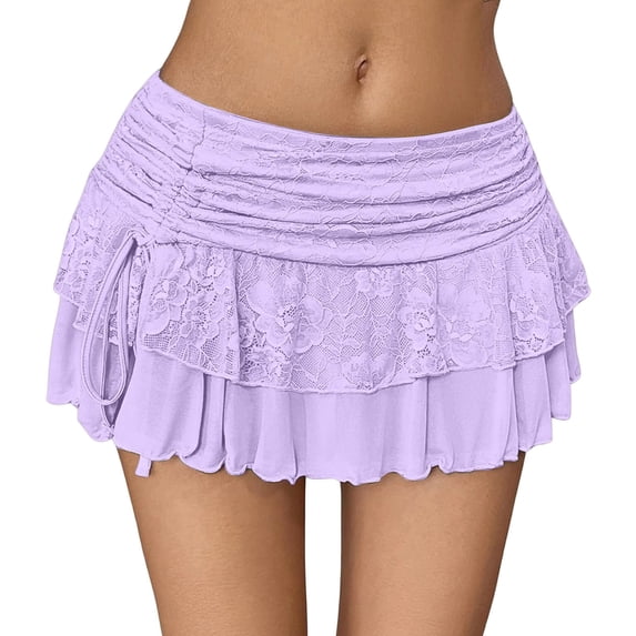 Elegant Everyday Skirt for Daily Wear Flirty Street Style Double Layer Lace Mesh Ruffle Design Women’s Skirt Modern Fashion, Light Purple, S