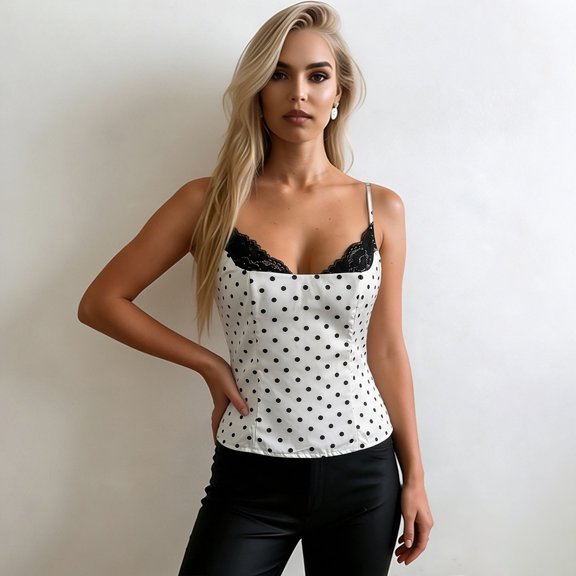 Elegant Everyday Women's Tank Top Slim Fit Backless Camisole with Lace Trim and Polka Dot Pattern for Casual White S