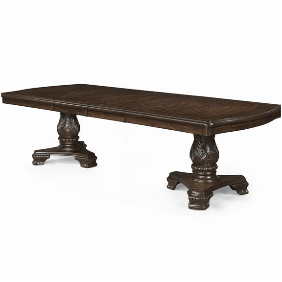 Elegant Extendable Dining Table, Solid Wood, Carved Pedestal, Dark Coffee Finish, Formal & Traditional
