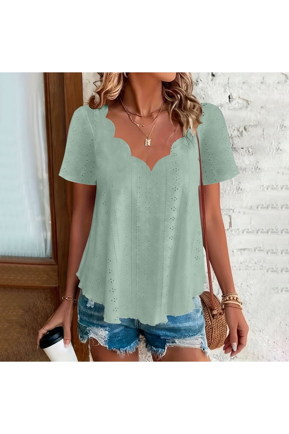 Elegant Eyelet Embroidered Blouse for Women Scalloped V Neck Short Sleeve Loose Fit Breathable Summer Eyelet Lace Textured Casual Fashion Top