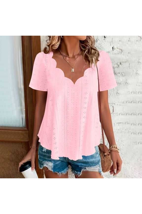 Elegant Eyelet Embroidered Blouse for Women Scalloped V Neck Short Sleeve Loose Fit Breathable Summer Eyelet Lace Textured Casual Fashion Top