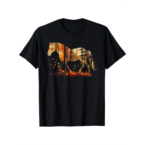 Elegant Fall - Horse Themed Patterned Tee,Tops Boasts Double - Exposure Horse & Fall Forest Illustration, Round Neck Regular Fit T - shirts, Size(S - 5XL)