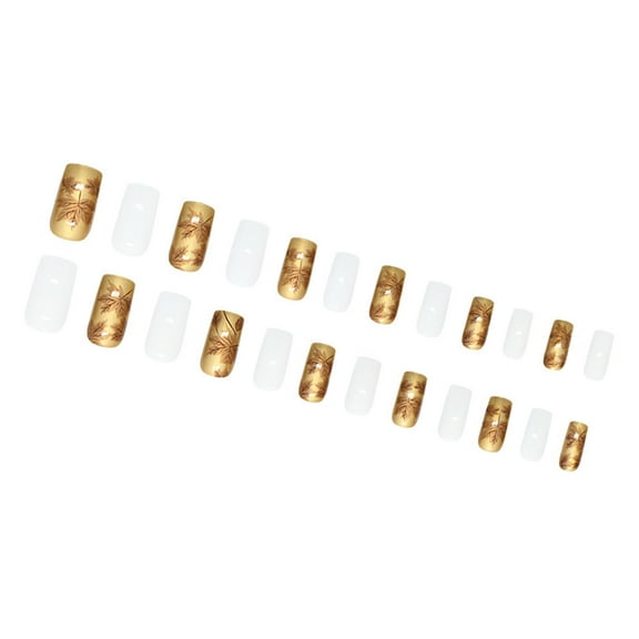 Elegant Fall Theme Press On Nails 24 Pcs Gold and White Glossy Square Shape Full Covers Nails with Maple Leaves Pattern