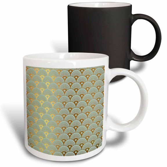 3drose, Elegant Fancy Fan Art Deco Faux Gold and Light Blue Pattern, 11oz Magic Transforming Mug