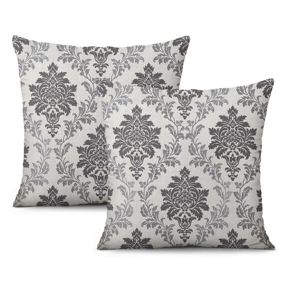 Elegant Farmhouse Throw Pillow Covers in Grey and Beige - 18x18 inch Linen Cases (Set of 2)