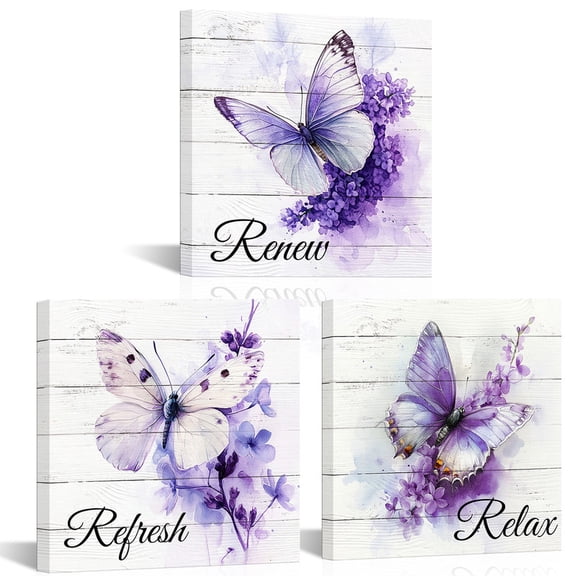 Elegant Farmhouse Wall Art Purple Butterflies Canvas Prints Relax Refresh Renew Framed Bathroom Decor Painting 12''x12''x3pcs