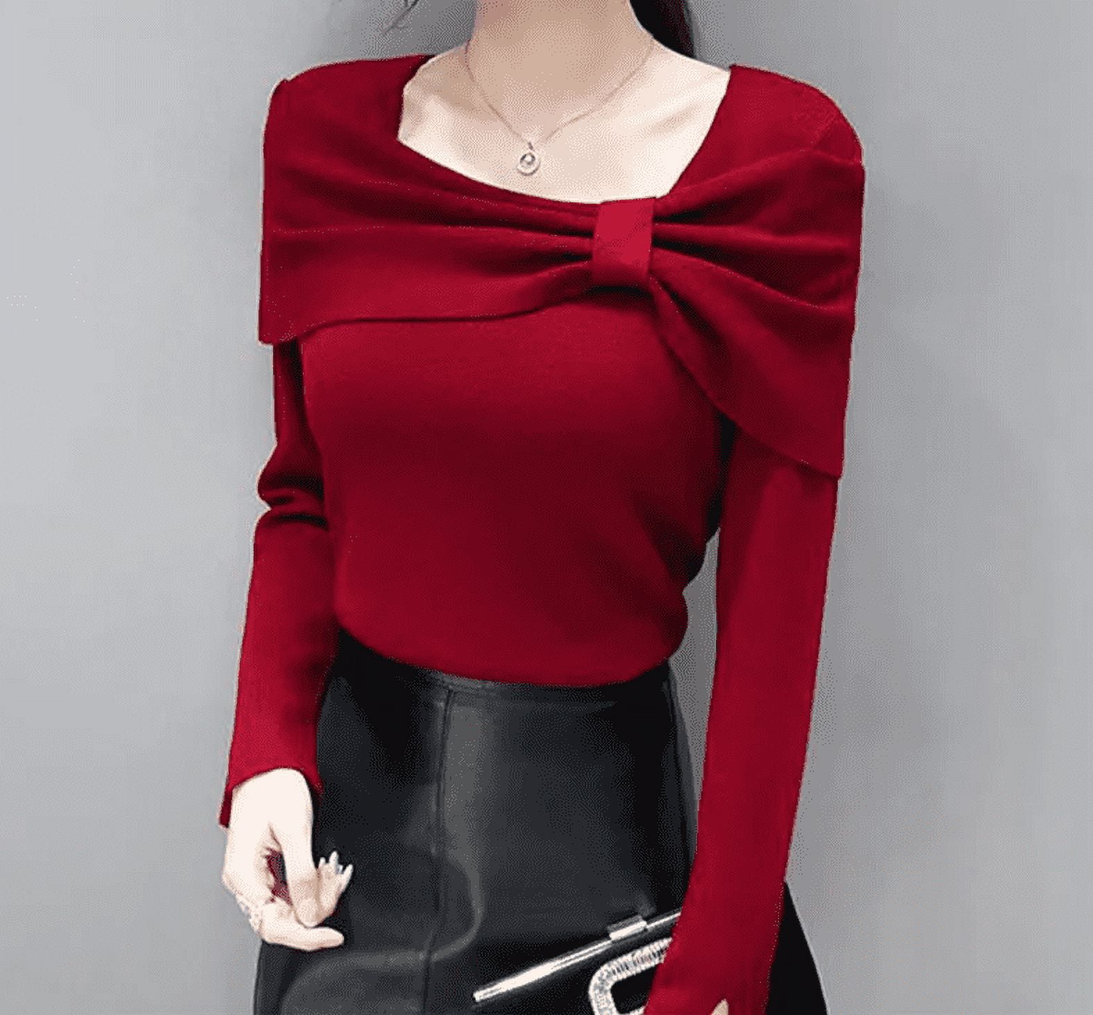 Elegant Fashion Bow Sweater Ladies Slim Solid Color Slit Knitting