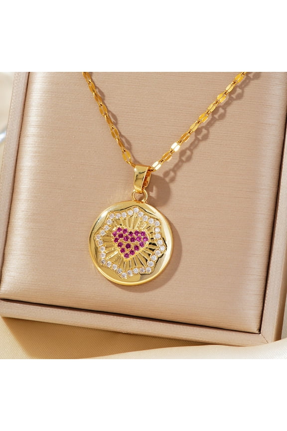 Elegant Fashion Brass Clear & Hot Pink Cubic Zirconia Circle Heart Pendant Necklaces for Women Golden 15.75 inch(40cm)