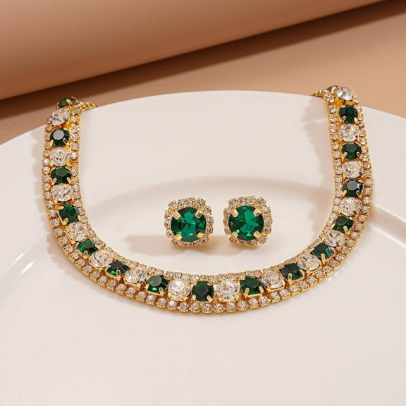 Elegant Fashion Emerald Green Crystal Choker Necklace with Stud Earrings Jewelry Set