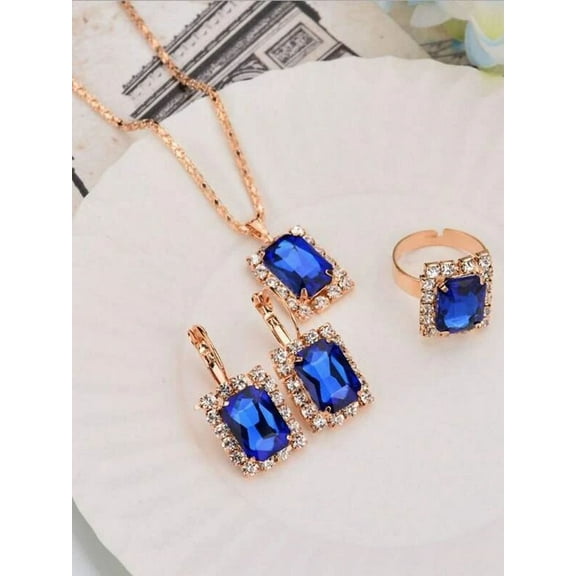 Elegant Fashion Jewelry 4 pc Shiny Royal Blue Pendant Necklace Drop Earrings & Adjustable Finger Ring With Inlaid CZ Crystal