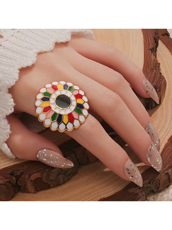 Oversize Blue Enamel Crystal Sun Statement Finger Ring For Women - Size 7 Elegant Fashion Jewelry