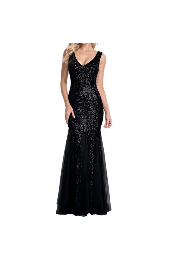 Elegant And Fashionable Women's Slim Fitting Sexy Sequined Sleeveless Dress Unique Low Neckline Style Sequined Fishtail Evening Dress V Neck Formal Prom