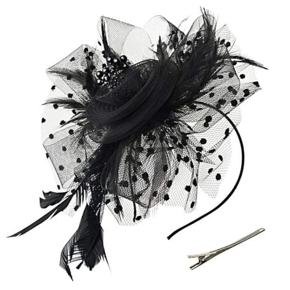 Elegant Faux Feather Mesh Fascinator Hat with Flower Embellishments.(Black)