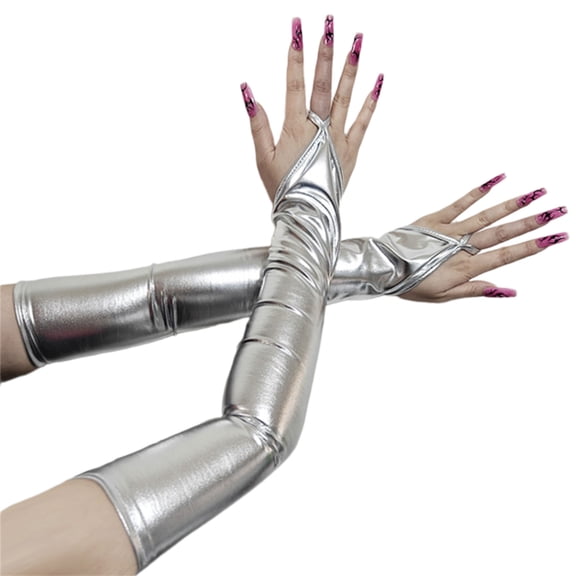Elegant Faux Leather Elbow Length Gloves With Glossy Finish Suitable For Event And Shows