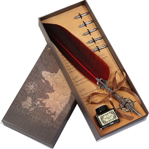 Elegant Feather Pen Set with Brass Pen, Glass Inkwell, Ink Cartridges, and Leather Pen Rest, Gift for Writers and Calligraphy Enthusiasts
