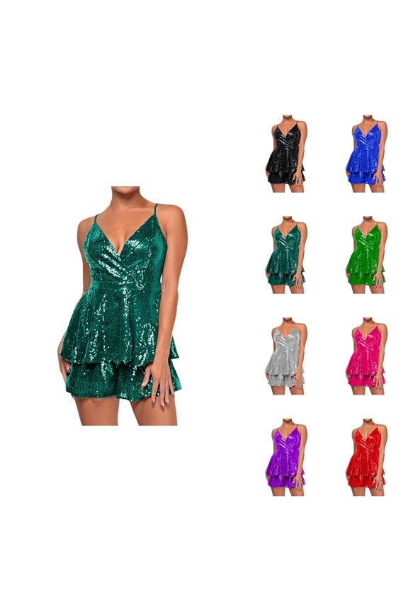 Elegant Festival Style Layered Deep Back Jumpsuit Dress for Women, Sleeveless Sequin Midi Romper with Wrap V Neck, Spaghetti Straps, and Ruffle Hem â for Party, Club, and Events