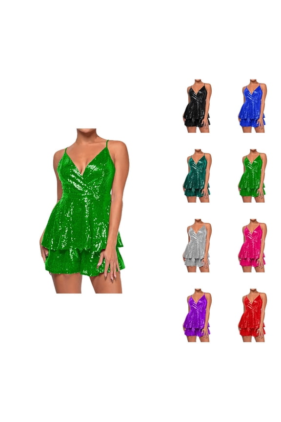 Elegant Festival Style Layered Deep Back Jumpsuit Dress for Women, Sleeveless Sequin Midi Romper with Wrap V Neck, Spaghetti Straps, and Ruffle Hem – for Party, Club, and Events