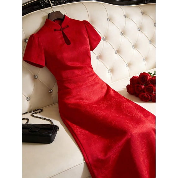 Elegant Fiery Red Jacquard Satin Qipao Dress, Short Sleeve Button Front