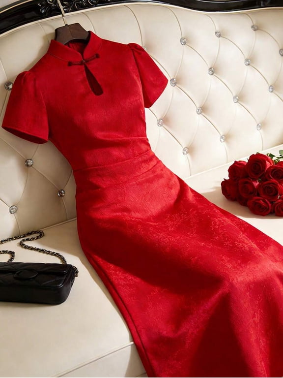 Elegant Fiery Red Jacquard Satin Qipao Dress, Short Sleeve Button Front
