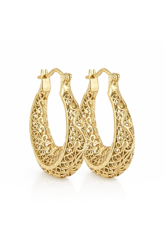 Elegant Filigree Gold Hoop Earrings with Intricate Scrollwork Design