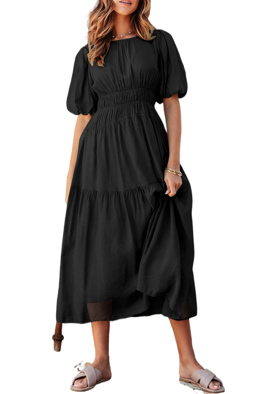 Elegant Fit and Flare Black Maxi Dress with Puff Sleeves and