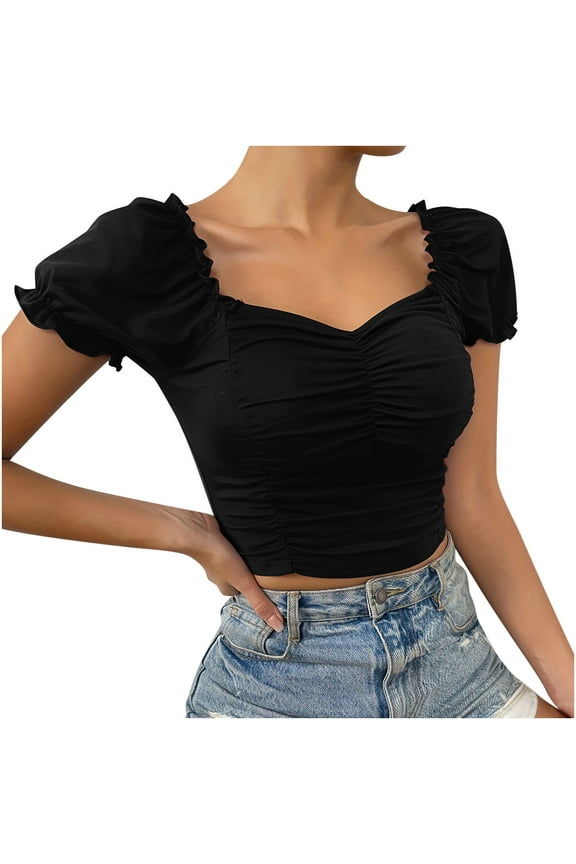 Elegant Fitted Cropped Top Lace Accent Ruffle Hem Short Sleeve Women's Casual Blouse