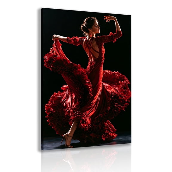 Elegant Flamenco Dancer in Flowing Red Dress — Framed Canvas Wall Art | Spanish Dance Poster | Ballet & Performing Arts Themed Home Decor