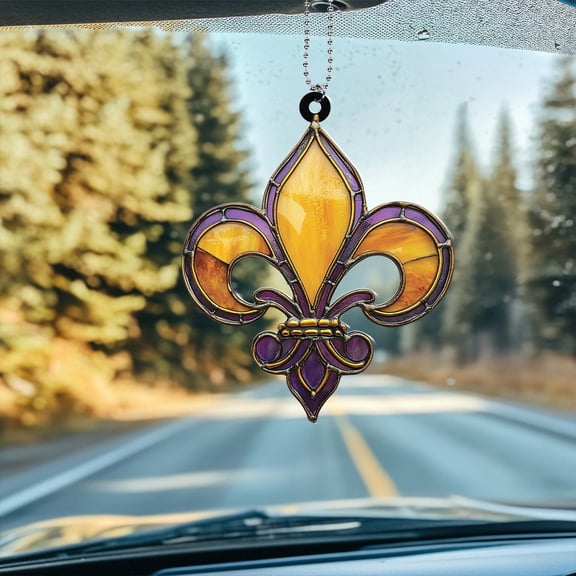 Elegant Fleur-de-Lis Suncatcher Ornament - Acrylic Window & Car Hanging Decoration, Vibrant Yellow and Purple Design, Perfect for Home Décor & Gift Idea