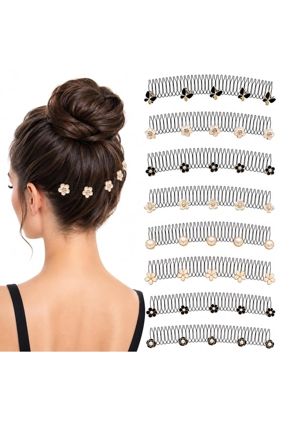 Elegant Flexible Invisible Flyaway Hairband 8 Pack Metal Wire Headbands | For buns and updos, comb-like zigzag profile, eight assorted decorative designs for women, lightweight pieces for styling