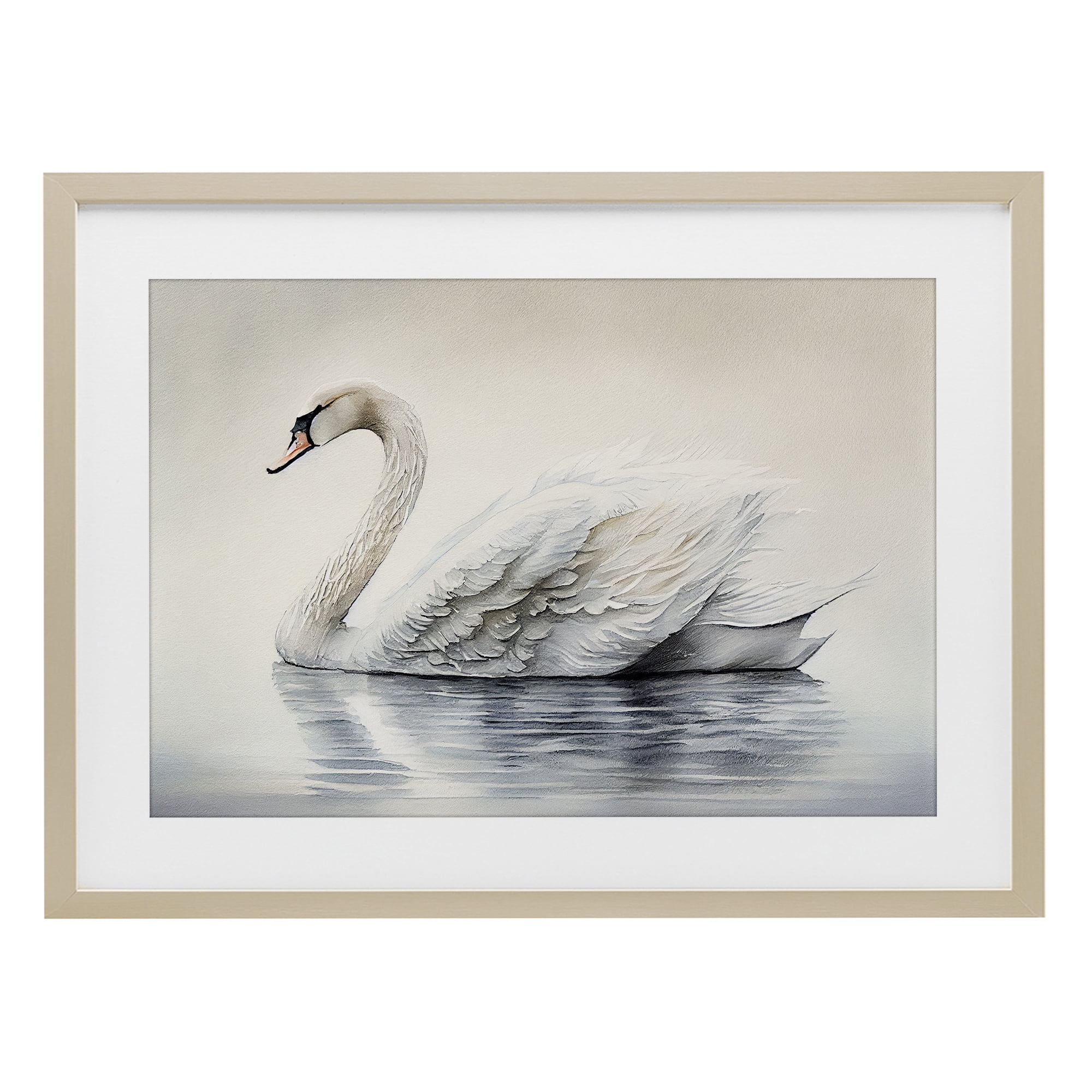 Elegant Floating Swan Birch Framed Print Under Glass, design by Sasha
