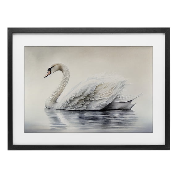 Elegant Floating Swan Black Framed Print Under Glass, design by Sasha