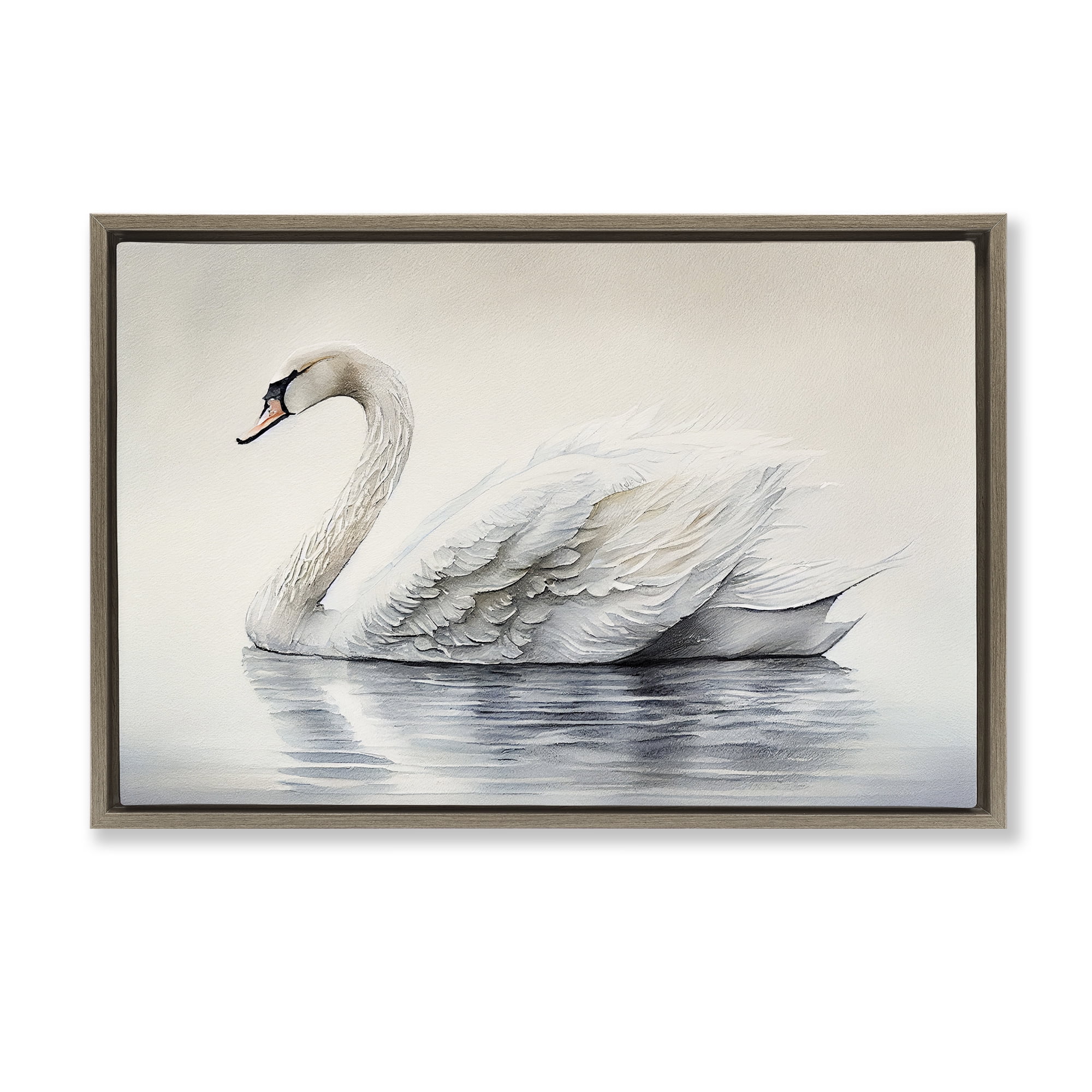 Elegant Floating Swan Brown Framed Floater Canvas Wall Art, design by Sasha