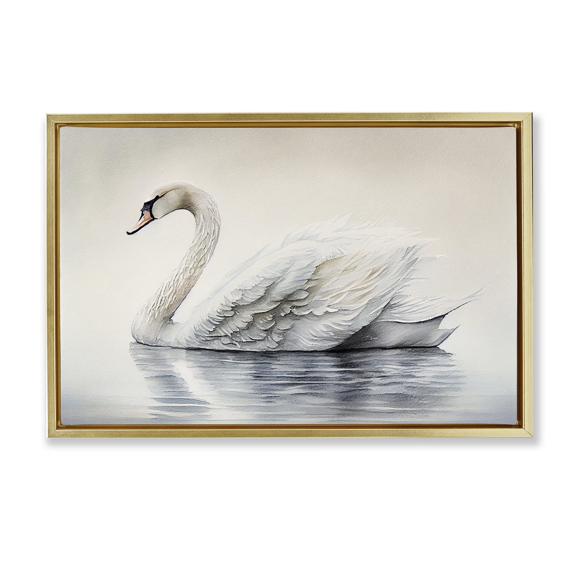 Elegant Floating Swan Gold Framed Floater Canvas Wall Art, design by Sasha