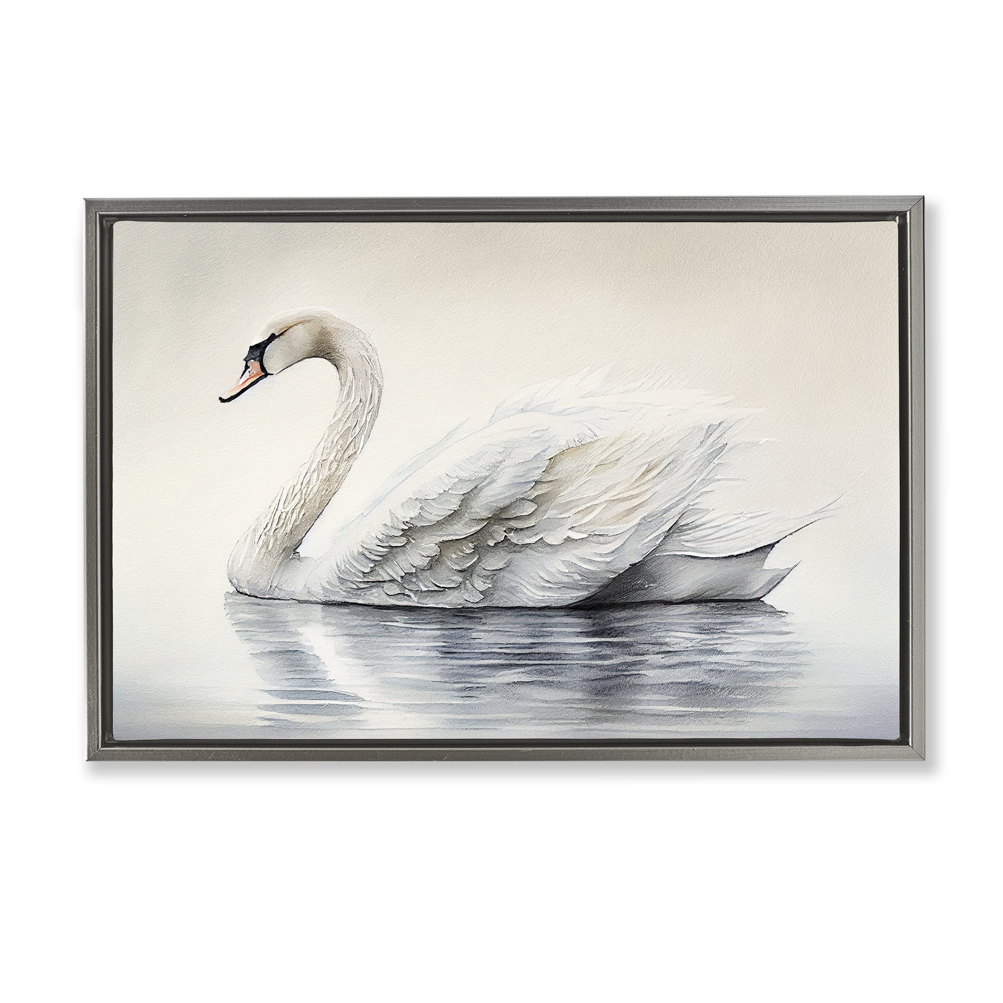 Elegant Floating Swan Gray Framed Floater Canvas Wall Art, design by Sasha