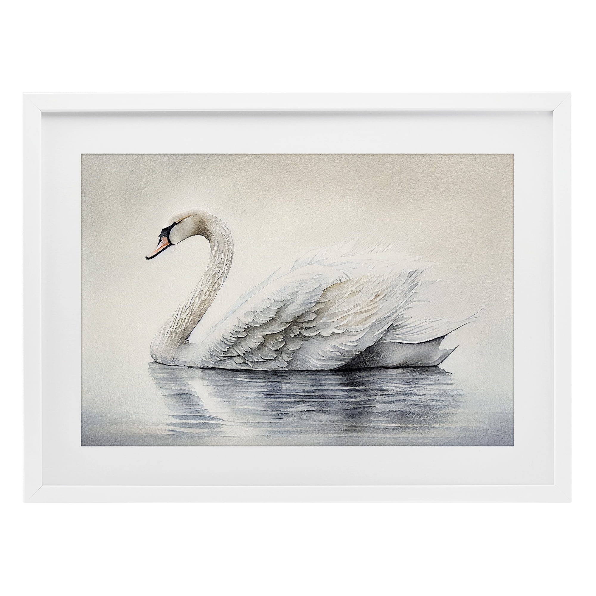 Elegant Floating Swan White Framed Print Under Glass, design by Sasha