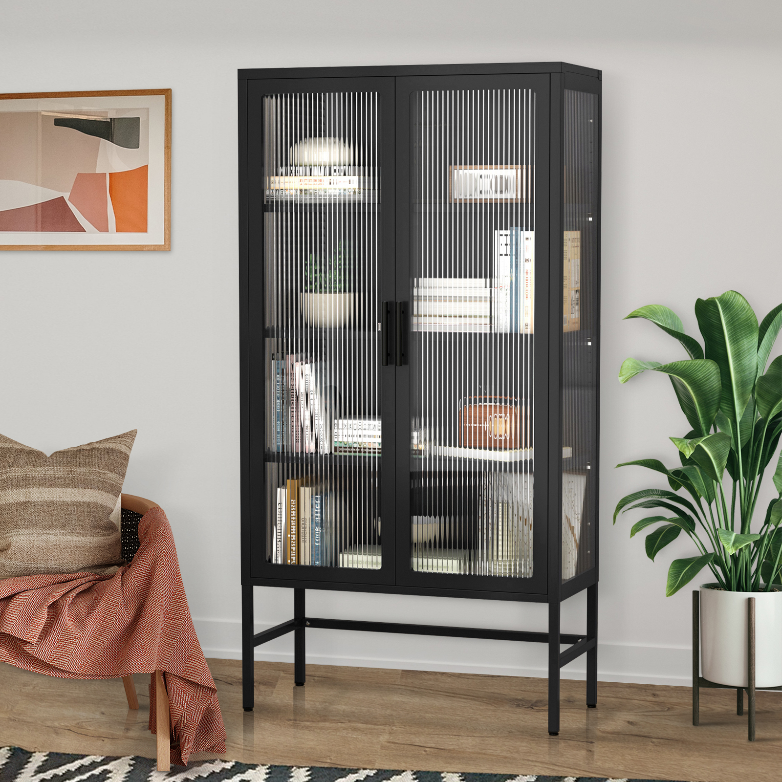 Elegant Floor with 2 Glass Doors Living Room Display with Adjustable Shelf