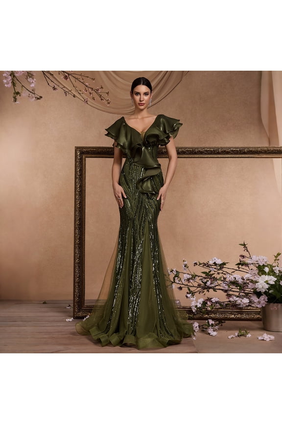 Elegant Floor Length Dresses Women Formal V Neck Sequin Evening Gowns Event Gala Mermaid Mesh Prom Ball Dress Luxury